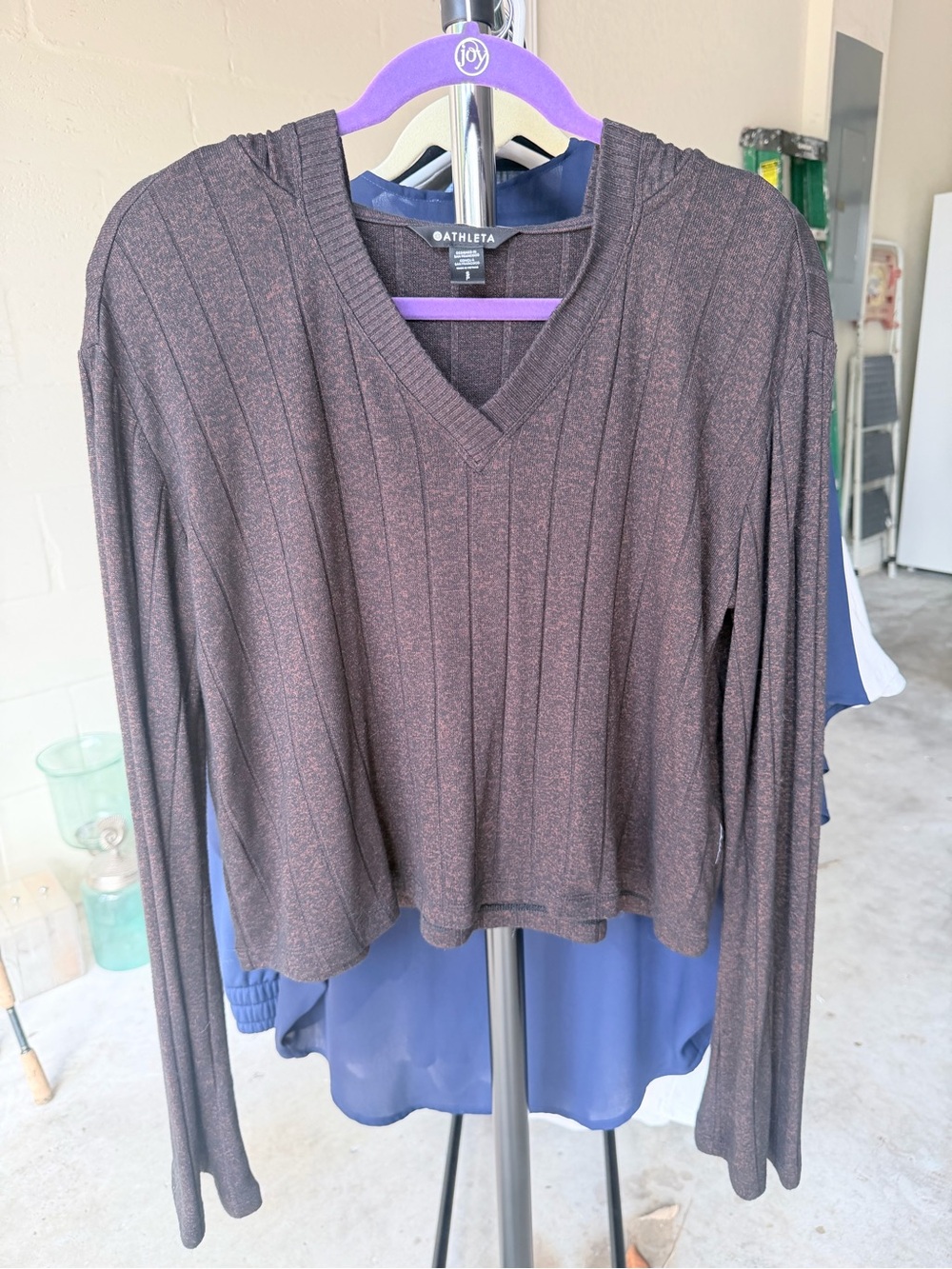 Athleta Harmony Pose Hoodie Multi Brown Ribbed V-Neck Long Sleeve Top